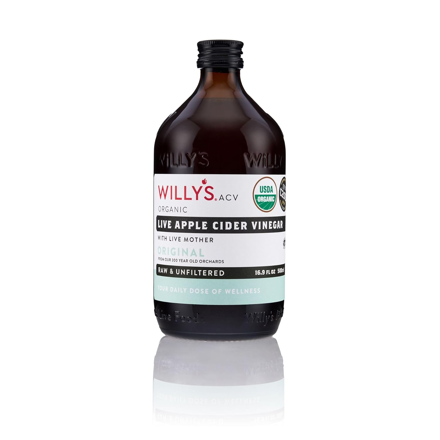 Willy's Organic ACV Apple Cider Vinegar with Mother - Probiotocs for Detox and Gut Health. 16.9oz Glass Bottle