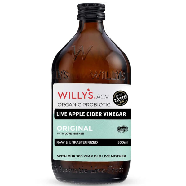 689387dbe6ecba5feec428618b828c9f30c3b864e4a3e25fab210.jpg Willy's Organic ACV Apple Cider Vinegar with Mother - Probiotocs for Detox and Gut Health. 16.9oz Glass Bottle