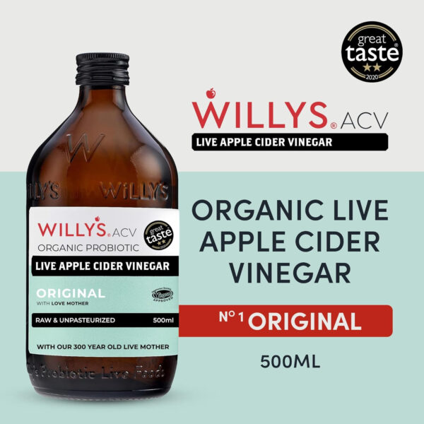 689387dd4511053804c98b67a4d3a99424e48ca35ff82e4c86ec0.jpg Willy's Organic ACV Apple Cider Vinegar with Mother - Probiotocs for Detox and Gut Health. 16.9oz Glass Bottle