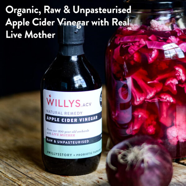 689387e7dffa140a29debe421d3e49323b6dc4bd41fa9a94b7aea.jpg Willy's Organic ACV Apple Cider Vinegar with Mother - Probiotocs for Detox and Gut Health. 16.9oz Glass Bottle