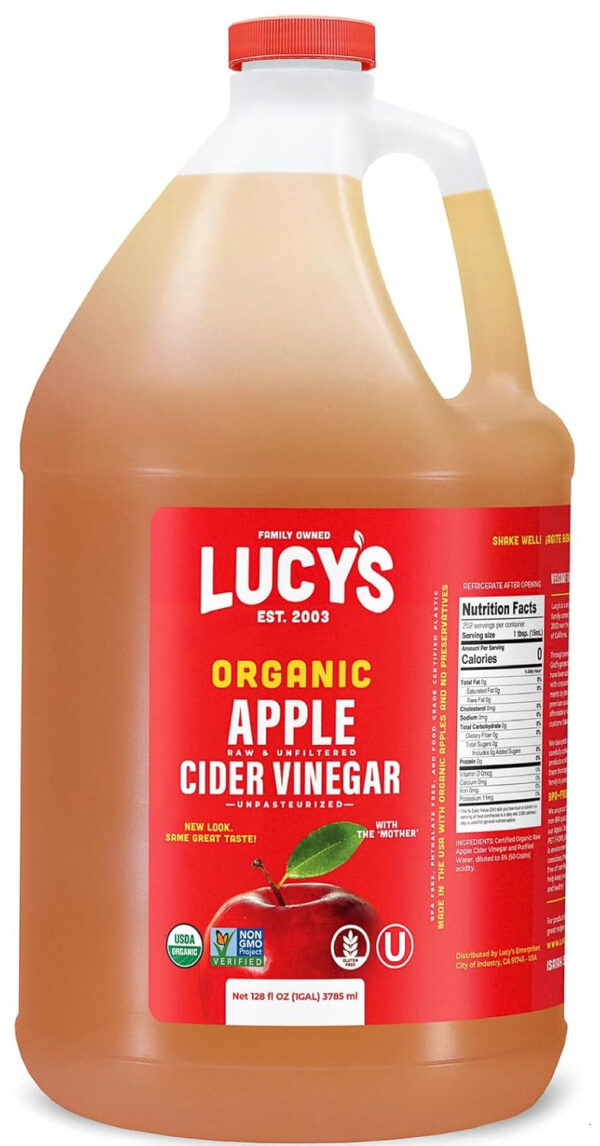 6893880459c32768fade930d1dc5e716a69cf9e1d65cf42d61752.jpg Lucy's Family Owned - GALLON SIZE, Organic, With the Mother, Apple Cider Vinegar, Unfiltered, Unpasteurized, NonGMO, and Raw