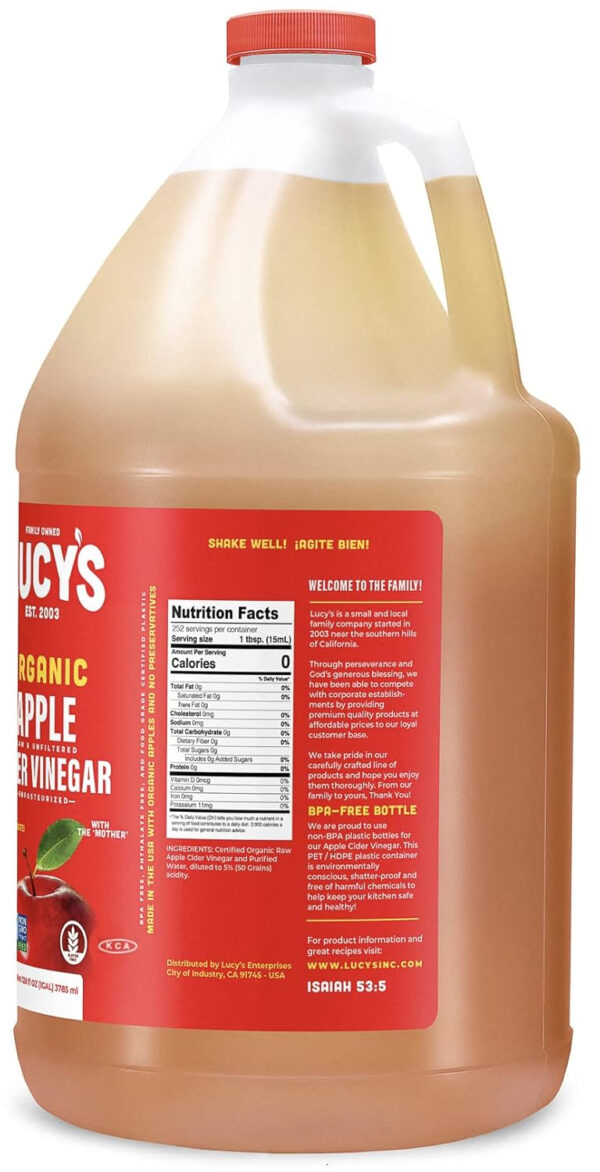 68938805e5ae1c42cf2941464fe7aff4233215535b268fae389c7.jpg Lucy's Family Owned - GALLON SIZE, Organic, With the Mother, Apple Cider Vinegar, Unfiltered, Unpasteurized, NonGMO, and Raw