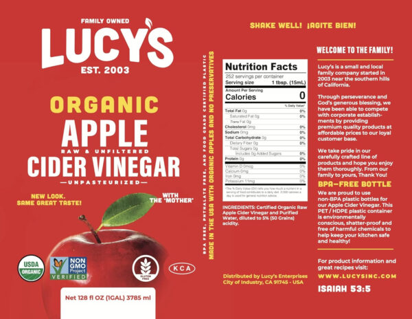 6893880c42946d758f7a3c14216a3359895370dddf82e9e6487f3.jpg Lucy's Family Owned - GALLON SIZE, Organic, With the Mother, Apple Cider Vinegar, Unfiltered, Unpasteurized, NonGMO, and Raw
