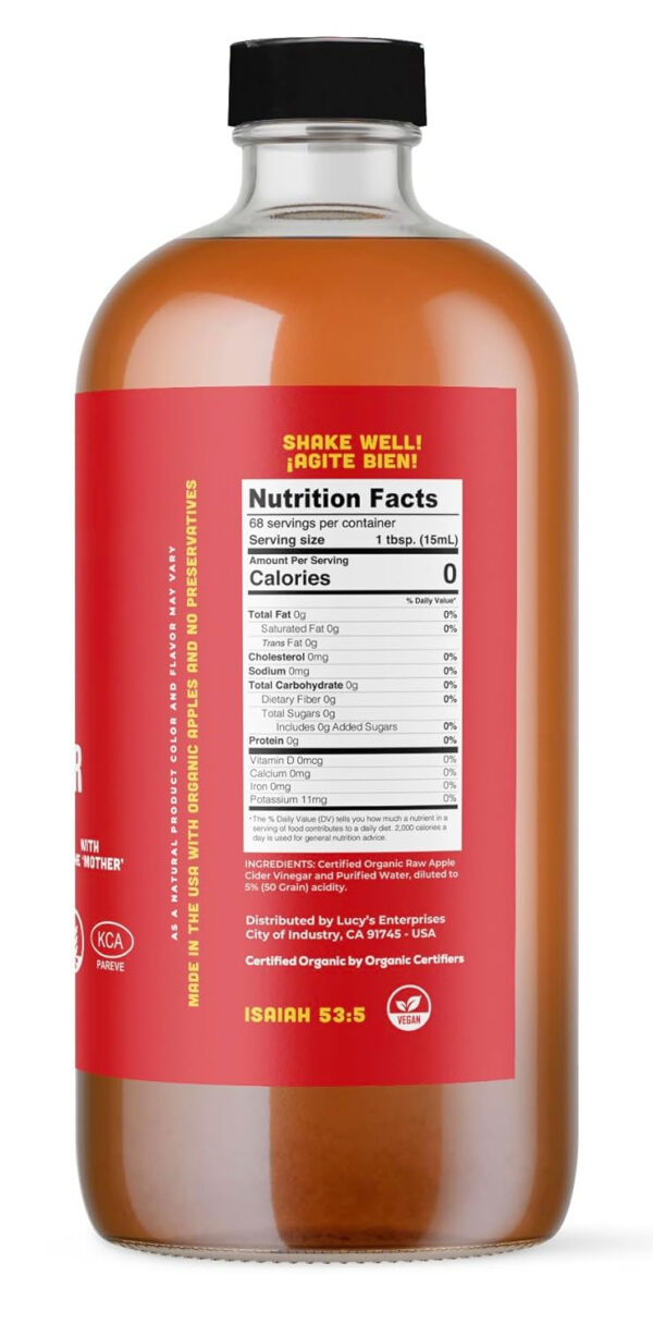 68938857e424bf3d506ae3ce8ba2c80c630385626a695d13b6658.jpg Lucy's Family Owned - 34oz. GLASS BOTTLE (2 PACK) Organic, With the Mother, Apple Cider Vinegar, Unfiltered, Unpasteurized, Raw, and NonGMO
