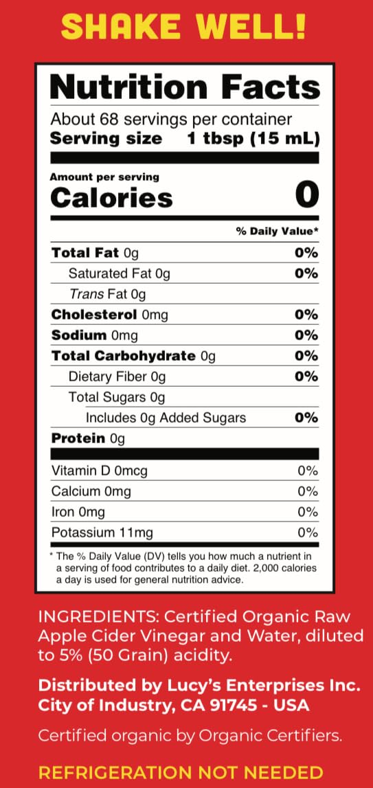 68938858de320cd452f4baf8e7faa46bd098ae23b72753a6deb66.jpg Lucy's Family Owned - 34oz. GLASS BOTTLE (2 PACK) Organic, With the Mother, Apple Cider Vinegar, Unfiltered, Unpasteurized, Raw, and NonGMO