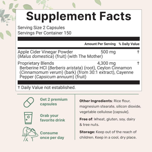 Apple Cider Vinegar with The Mother 4,800mg Equivalent, 300 Capsules | 4-in-1 ACV Complex | Ceylon Cinnamon, Cayenne Pepper, & Berberine | Immune, Digestion, & Appetite Support | Non-GMO, Gluten Free