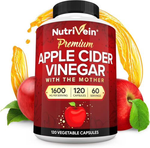 Nutrivein Premium Apple Cider Vinegar Supplements with Mother - 1600 mg - 120 Apple Cider Vinegar Capsules: ACV Pills for Digestion, Keto, Cleansing, and Balanced Nutrition