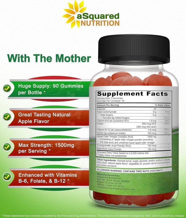 aSquared Nutrition Apple Cider Vinegar Gummies - 1500mg with The Mother - 90 ACV Gummies w/Vitamin B6 & B12, Folic Acid - Vegan Gummy Supplement Alternative to Capsules Pills & Drink