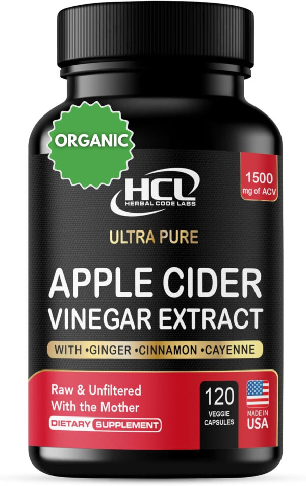 Organic Apple Cider Vinegar Capsules 1500 mg Extract with The Mother - Extra Strength Raw Apple Cider Pills w Ginger Cayenne Cinnamon - Natural Detox Potent Digestion Cleansing System ACV Supplement