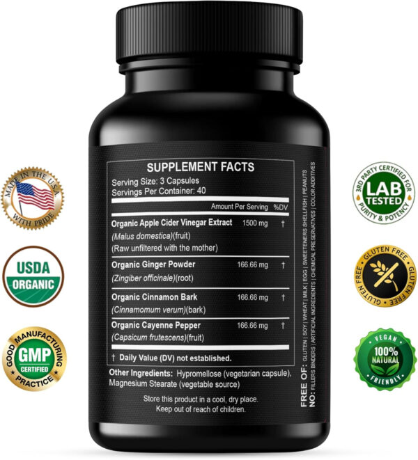 Organic Apple Cider Vinegar Capsules 1500 mg Extract with The Mother - Extra Strength Raw Apple Cider Pills w Ginger Cayenne Cinnamon - Natural Detox Potent Digestion Cleansing System ACV Supplement