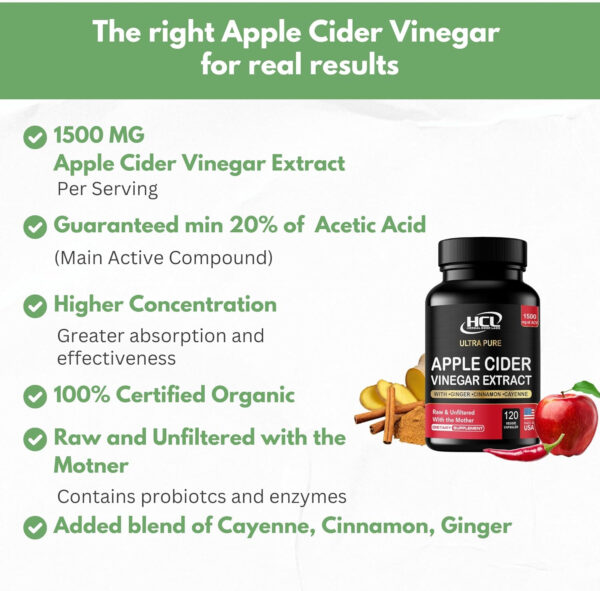 Organic Apple Cider Vinegar Capsules 1500 mg Extract with The Mother - Extra Strength Raw Apple Cider Pills w Ginger Cayenne Cinnamon - Natural Detox Potent Digestion Cleansing System ACV Supplement