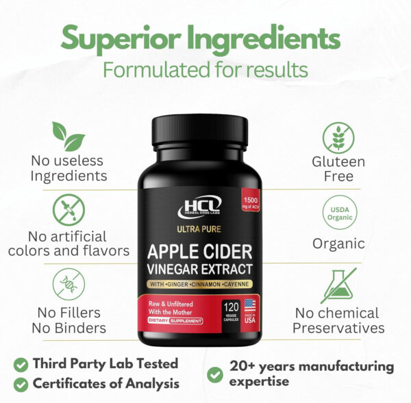 Organic Apple Cider Vinegar Capsules 1500 mg Extract with The Mother - Extra Strength Raw Apple Cider Pills w Ginger Cayenne Cinnamon - Natural Detox Potent Digestion Cleansing System ACV Supplement