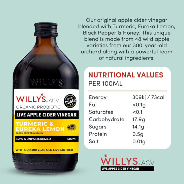 689389cf67353350bf4c857a5cc2fde30ff82bb734a78802e2e60.jpg Willy's ACV Organic Probiotic Apple Cider Vinegar with Mother for Gut Health - with Turmeric & Eureka Lemon 16.9 fl oz