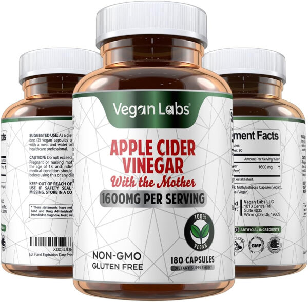 Vegan Labs Apple Cider Vinegar Capsules with The Mother- 180 Vegan Capsules, 1600MG Per Serving- 100% Natural ACV Pills- Supports Healthy Digestion, Keto, Weight Management, Detox, and Immune System