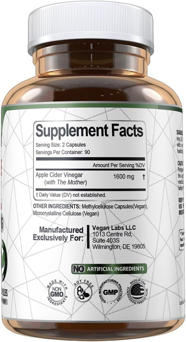 Vegan Labs Apple Cider Vinegar Capsules with The Mother- 180 Vegan Capsules, 1600MG Per Serving- 100% Natural ACV Pills- Supports Healthy Digestion, Keto, Weight Management, Detox, and Immune System