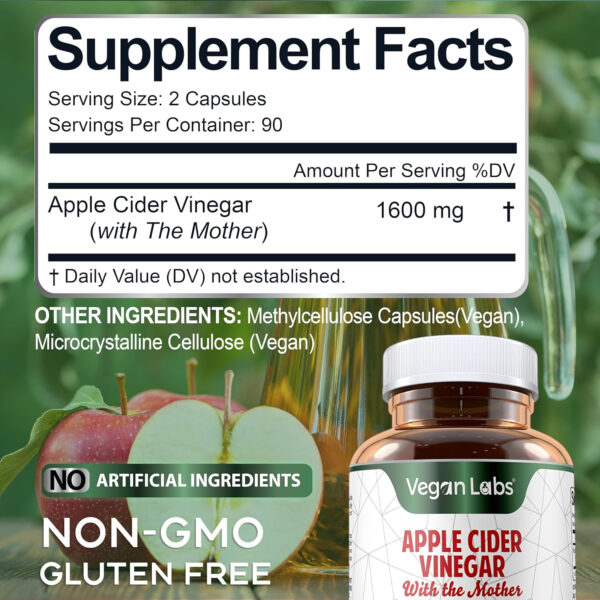 Vegan Labs Apple Cider Vinegar Capsules with The Mother- 180 Vegan Capsules, 1600MG Per Serving- 100% Natural ACV Pills- Supports Healthy Digestion, Keto, Weight Management, Detox, and Immune System