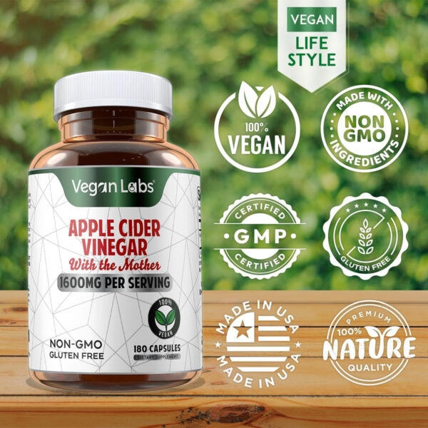 Vegan Labs Apple Cider Vinegar Capsules with The Mother- 180 Vegan Capsules, 1600MG Per Serving- 100% Natural ACV Pills- Supports Healthy Digestion, Keto, Weight Management, Detox, and Immune System