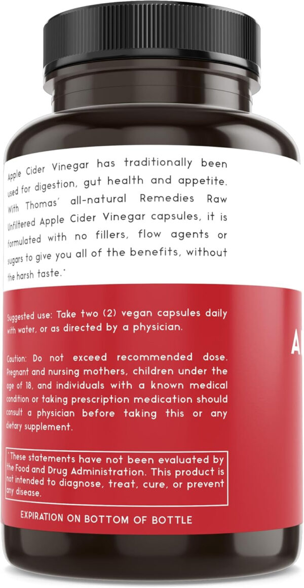 68938a19195d7122e3e2658254d641e1173db0874c7bc9da6e484.jpg Thomas' all-natural Remedies Apple Cider Vinegar with The Mother, Raw & Unfiltered ACV Pills for Gut & Digestion, 120Ct