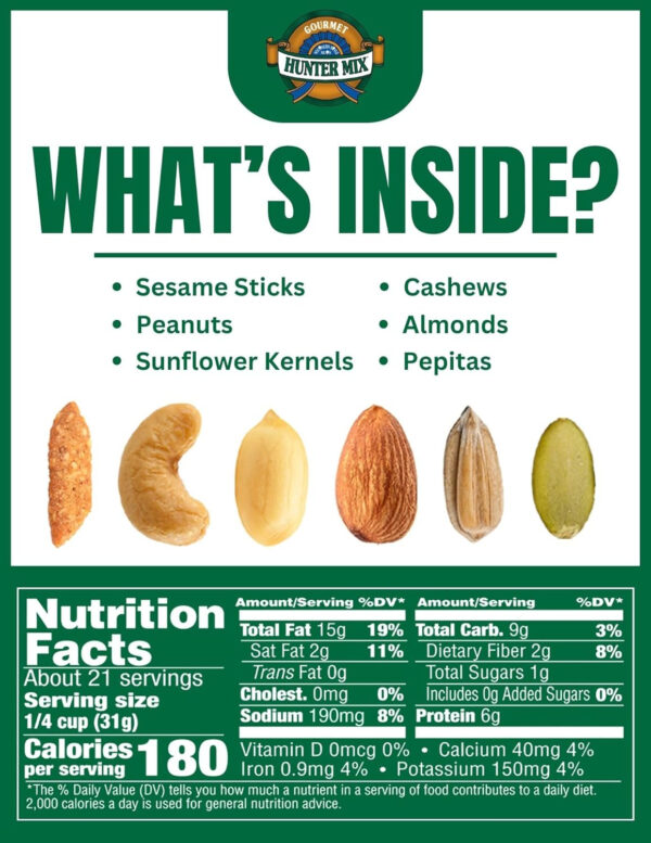 68938ad70e4195557c3b5939f031939b1e26b1867263539b41ec0.jpg Southern Style Nuts Gourmet Hunter Bulk Trail Mix, 23 oz (Pack of 1), Sesame Sticks, Roasted Peanuts, Sunflower Kernels, Almonds, Cashews & Pepitas, Mixed Nuts, Snacks for Adults & Kids