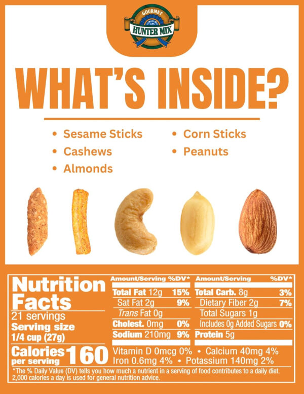 68938adf5be1ec737eb8cd53b205e5966062e136918aa3b1391c7.jpg Southern Style Nuts Gourmet Hunter Bulk Trail Mix, 23 oz (Pack of 1), Sesame Sticks, Roasted Peanuts, Sunflower Kernels, Almonds, Cashews & Pepitas, Mixed Nuts, Snacks for Adults & Kids