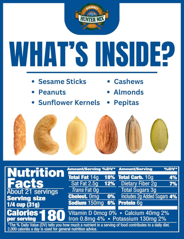 68938af0a7c6afdac6dd48828ce02806a79643d1afaad3e6f34b3.jpg Southern Style Nuts Gourmet Hunter Bulk Trail Mix, 23 oz (Pack of 1), Sesame Sticks, Roasted Peanuts, Sunflower Kernels, Almonds, Cashews & Pepitas, Mixed Nuts, Snacks for Adults & Kids