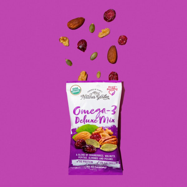 Nature's Garden Omega 3 Deluxe Mix - Trail Mix Nuts, Heart Healthy, Gluten Free, Cholesterol Free, Sodium Free, No Artificial Ingredients - 1.2 oz Bags (24 Individual Servings)