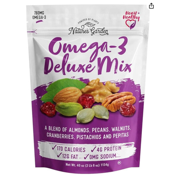 Nature's Garden Omega 3 Deluxe Mix - Trail Mix Nuts, Heart Healthy, Gluten Free, Cholesterol Free, Sodium Free, No Artificial Ingredients - 1.2 oz Bags (24 Individual Servings)
