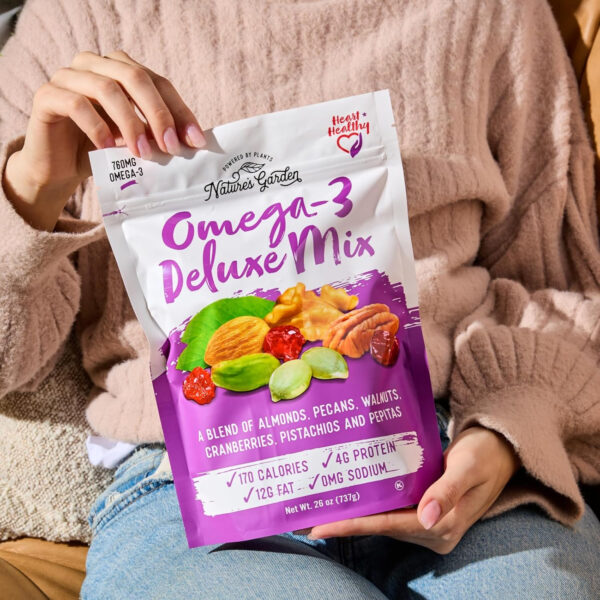 Nature's Garden Omega 3 Deluxe Mix - Trail Mix Nuts, Heart Healthy, Gluten Free, Cholesterol Free, Sodium Free, No Artificial Ingredients - 1.2 oz Bags (24 Individual Servings)