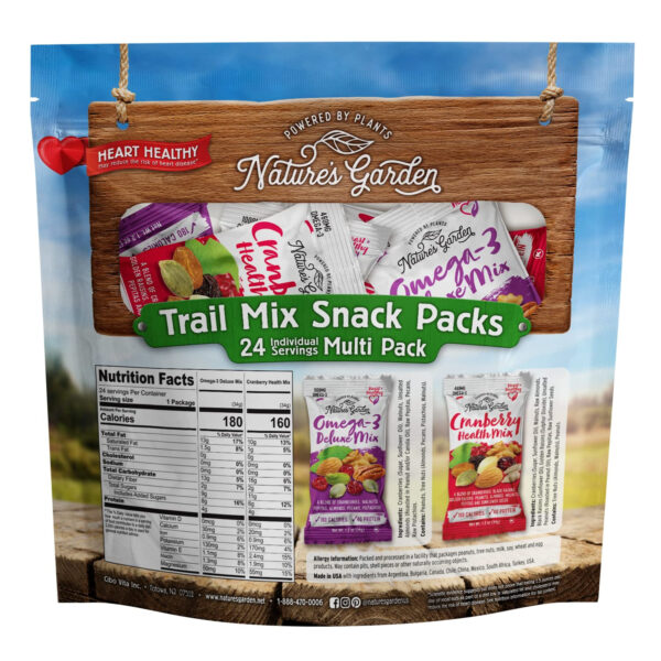 Nature's Garden Omega 3 Deluxe Mix - Trail Mix Nuts, Heart Healthy, Gluten Free, Cholesterol Free, Sodium Free, No Artificial Ingredients - 1.2 oz Bags (24 Individual Servings)