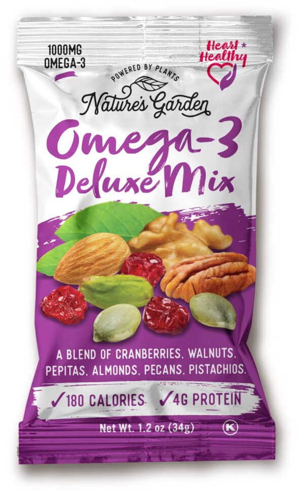 Nature's Garden Omega 3 Deluxe Mix - Trail Mix Nuts, Heart Healthy, Gluten Free, Cholesterol Free, Sodium Free, No Artificial Ingredients - 1.2 oz Bags (24 Individual Servings)
