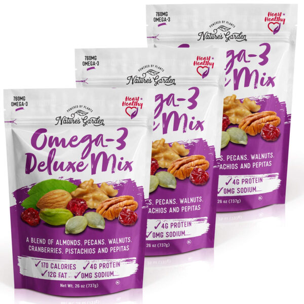 Nature's Garden Omega 3 Deluxe Mix - Trail Mix Nuts, Heart Healthy, Gluten Free, Cholesterol Free, Sodium Free, No Artificial Ingredients - 1.2 oz Bags (24 Individual Servings)