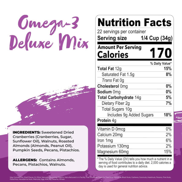 Nature's Garden Omega 3 Deluxe Mix - Trail Mix Nuts, Heart Healthy, Gluten Free, Cholesterol Free, Sodium Free, No Artificial Ingredients - 1.2 oz Bags (24 Individual Servings)