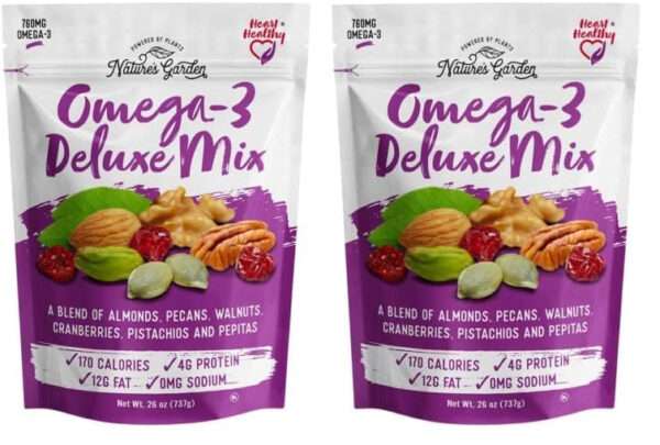 Nature's Garden Omega 3 Deluxe Mix - Trail Mix Nuts, Heart Healthy, Gluten Free, Cholesterol Free, Sodium Free, No Artificial Ingredients - 1.2 oz Bags (24 Individual Servings)