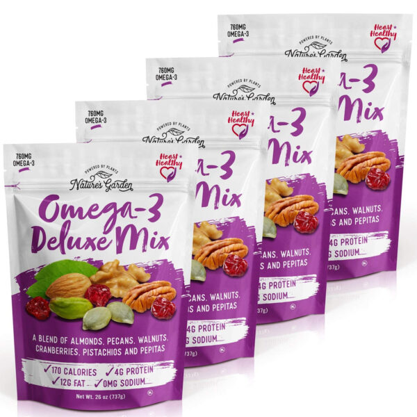 Nature's Garden Omega 3 Deluxe Mix - Trail Mix Nuts, Heart Healthy, Gluten Free, Cholesterol Free, Sodium Free, No Artificial Ingredients - 1.2 oz Bags (24 Individual Servings)