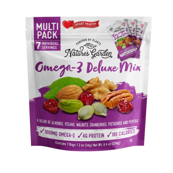 Nature's Garden Omega 3 Deluxe Mix - Trail Mix Nuts, Heart Healthy, Gluten Free, Cholesterol Free, Sodium Free, No Artificial Ingredients - 1.2 oz Bags (24 Individual Servings)