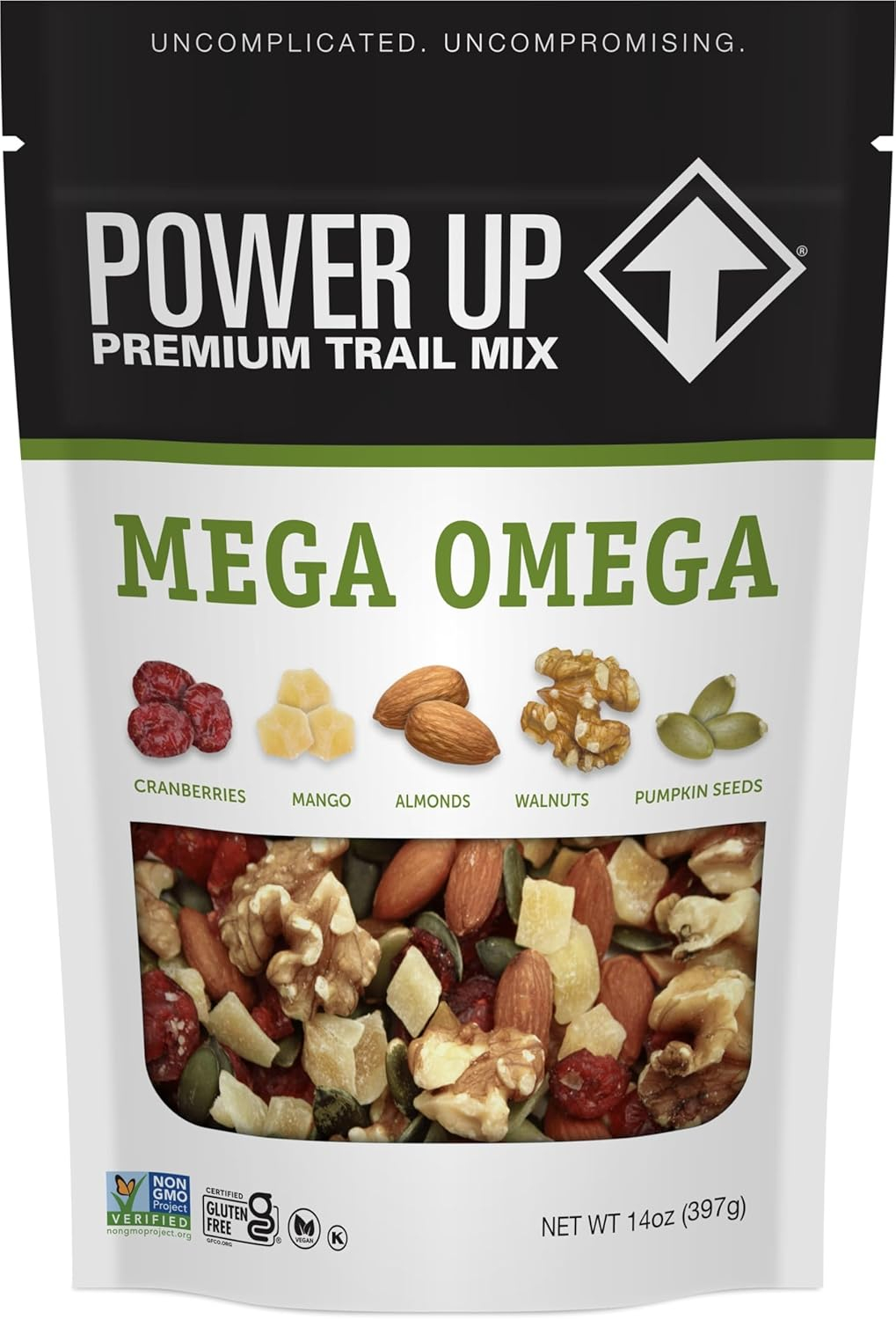 68938c4084f5c413a24a323afba60ea9fb95992a4fa907d874e44.jpg Power Up Trail Mix, Mega Omega Trail Mix, Non-GMO, Vegan, Gluten Free, No Artificial Ingredients, Gourmet Nut, 14 Ounce Bag