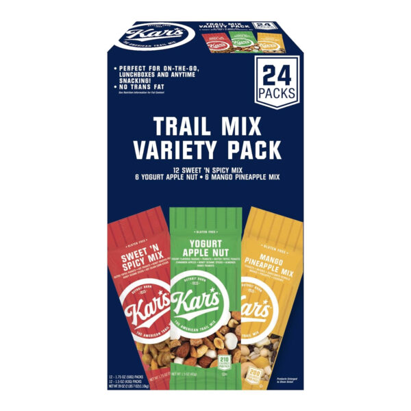 Kar’s Nuts Trail Mix Variety Pack, Pack of 24 – Yogurt Apple Nut, Mango Pineapple Mix, Sweet ‘N Spicy – Individually Wrapped, Gluten-Free Snack Mix