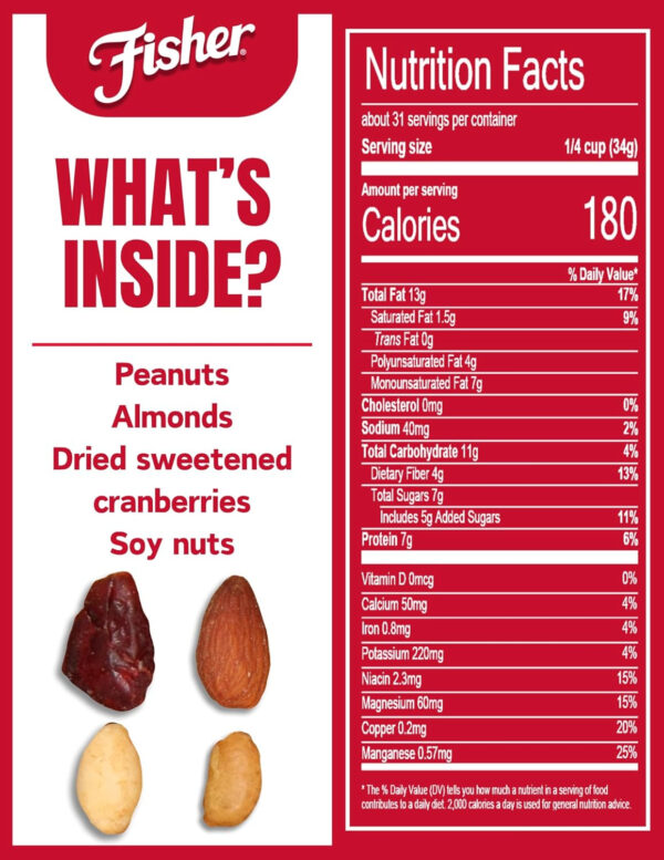 68938db6ea096931687d0692f9caaf36ddb3dfc991fdbc57c9709.jpg Fisher Snack Sweet Nut Bulk Trail Mix, 38 oz (Pack of 1), Honey Roasted Peanuts, Raisins, Frosted Walnuts, Cashews, Dried Sweetened Cranberries, Healthy Snacks for Adults & Kids, Dried Fruit, Trail Mix Snacks