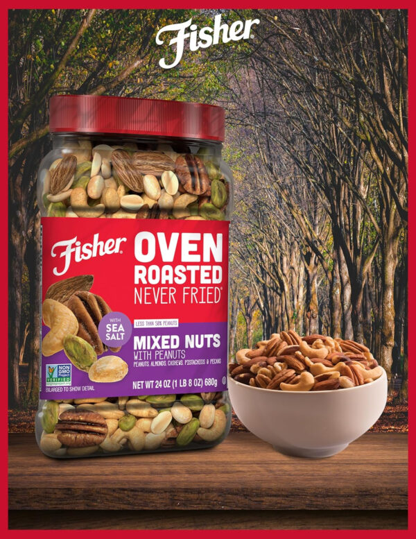 Fisher Oven Roasted Never Fried Mixed Nuts with Peanuts, 24 Ounces (Pack of 1), Peanuts, Almonds, Cashews, Pistachios, Pecans, Trail Mix, Healthy Snacks for Adults, Made With Sea Salt, No Added Oils