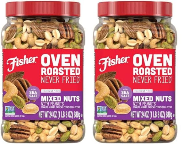 Fisher Oven Roasted Never Fried Mixed Nuts with Peanuts, 24 Ounces (Pack of 1), Peanuts, Almonds, Cashews, Pistachios, Pecans, Trail Mix, Healthy Snacks for Adults, Made With Sea Salt, No Added Oils