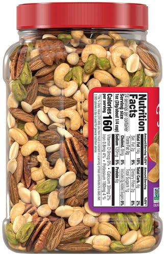 Fisher Oven Roasted Never Fried Mixed Nuts with Peanuts, 24 Ounces (Pack of 1), Peanuts, Almonds, Cashews, Pistachios, Pecans, Trail Mix, Healthy Snacks for Adults, Made With Sea Salt, No Added Oils