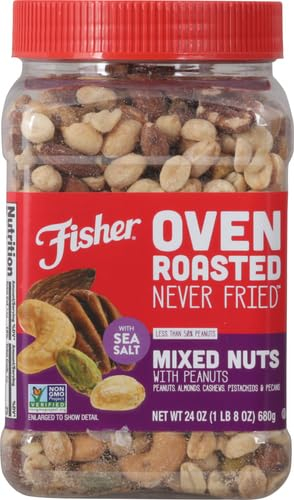 Fisher Oven Roasted Never Fried Mixed Nuts with Peanuts, 24 Ounces (Pack of 1), Peanuts, Almonds, Cashews, Pistachios, Pecans, Trail Mix, Healthy Snacks for Adults, Made With Sea Salt, No Added Oils