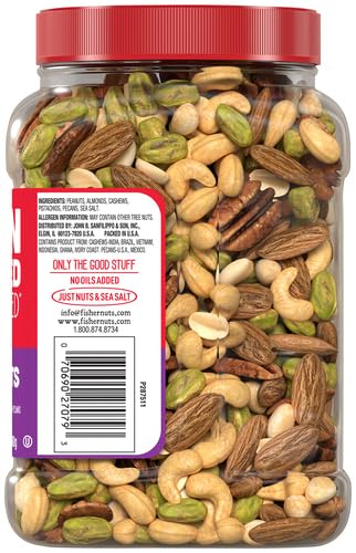 Fisher Oven Roasted Never Fried Mixed Nuts with Peanuts, 24 Ounces (Pack of 1), Peanuts, Almonds, Cashews, Pistachios, Pecans, Trail Mix, Healthy Snacks for Adults, Made With Sea Salt, No Added Oils