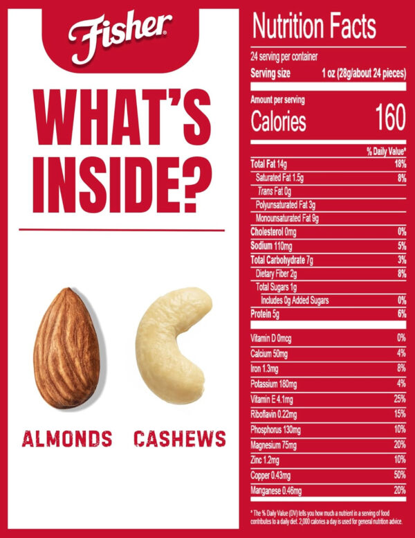 Fisher Oven Roasted Never Fried Mixed Nuts with Peanuts, 24 Ounces (Pack of 1), Peanuts, Almonds, Cashews, Pistachios, Pecans, Trail Mix, Healthy Snacks for Adults, Made With Sea Salt, No Added Oils