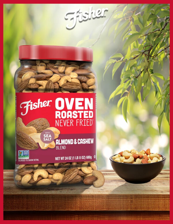 Fisher Oven Roasted Never Fried Mixed Nuts with Peanuts, 24 Ounces (Pack of 1), Peanuts, Almonds, Cashews, Pistachios, Pecans, Trail Mix, Healthy Snacks for Adults, Made With Sea Salt, No Added Oils