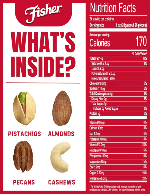 Fisher Oven Roasted Never Fried Mixed Nuts with Peanuts, 24 Ounces (Pack of 1), Peanuts, Almonds, Cashews, Pistachios, Pecans, Trail Mix, Healthy Snacks for Adults, Made With Sea Salt, No Added Oils