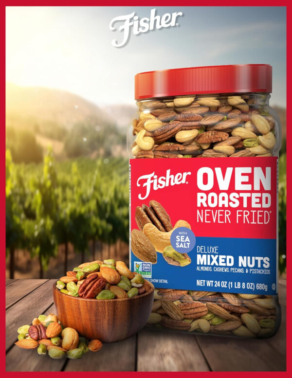 Fisher Oven Roasted Never Fried Mixed Nuts with Peanuts, 24 Ounces (Pack of 1), Peanuts, Almonds, Cashews, Pistachios, Pecans, Trail Mix, Healthy Snacks for Adults, Made With Sea Salt, No Added Oils