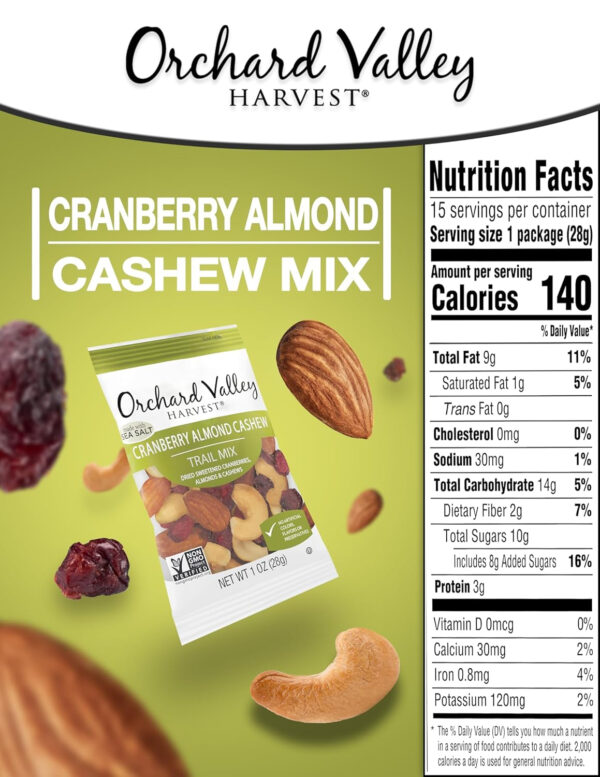 Orchard Valley Harvest Cranberry Almond Cashew Trail Mix, 1oz Bags (Pack of 15), Cranberries, Almonds, Cashews, Trail Mix Individual Packs, Snacks for Adults, No Artificial Ingredients, Bulk Snacks, Healthy Snacks for Adults