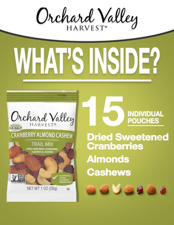 Orchard Valley Harvest Cranberry Almond Cashew Trail Mix, 1oz Bags (Pack of 15), Cranberries, Almonds, Cashews, Trail Mix Individual Packs, Snacks for Adults, No Artificial Ingredients, Bulk Snacks, Healthy Snacks for Adults