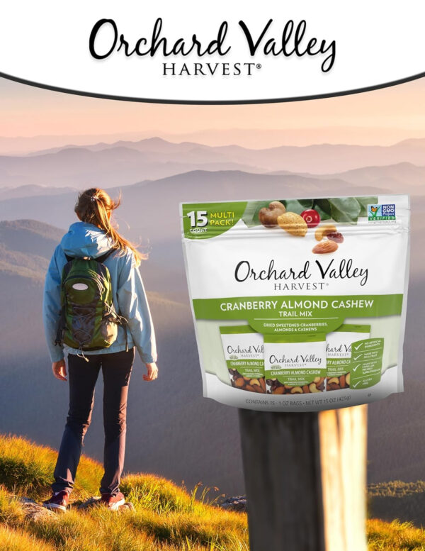 Orchard Valley Harvest Cranberry Almond Cashew Trail Mix, 1oz Bags (Pack of 15), Cranberries, Almonds, Cashews, Trail Mix Individual Packs, Snacks for Adults, No Artificial Ingredients, Bulk Snacks, Healthy Snacks for Adults